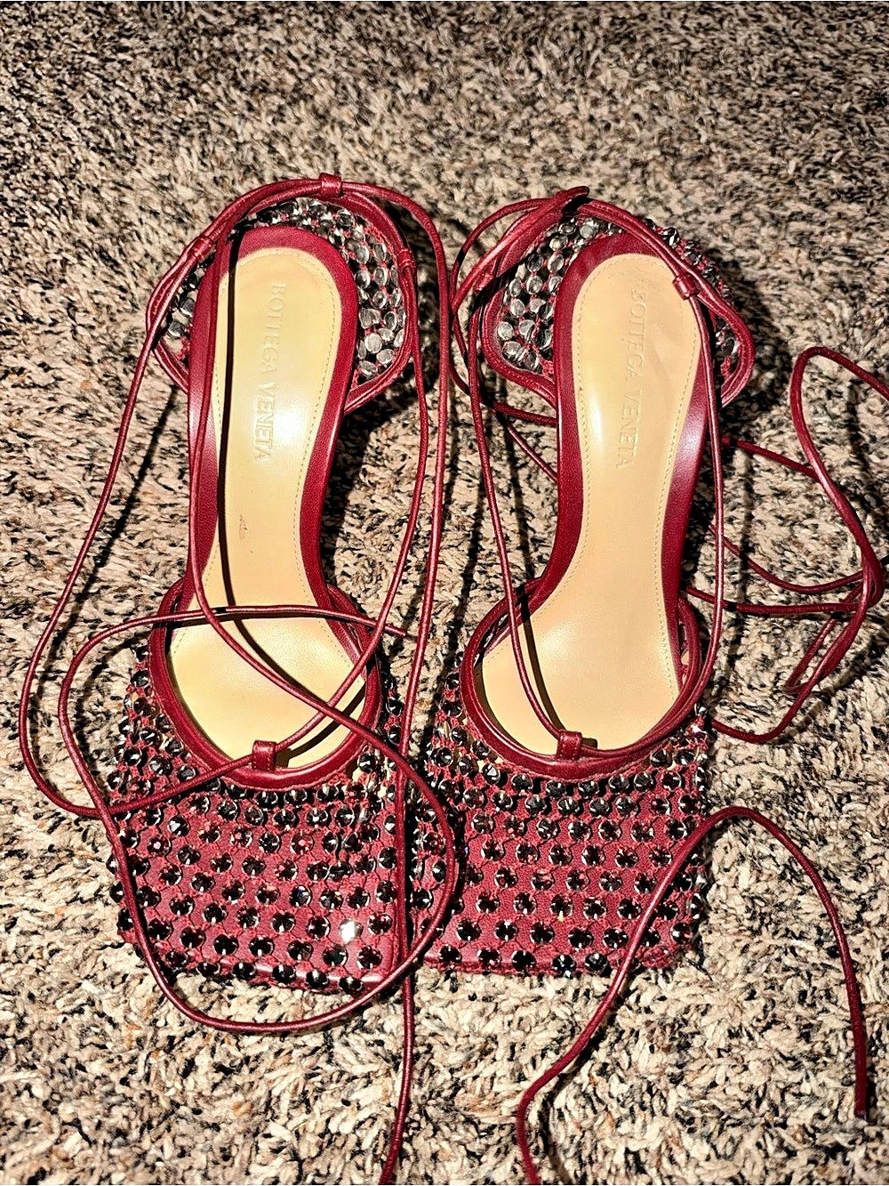 Bottega veneta Embellished Lace-Up Heels in Red & Black